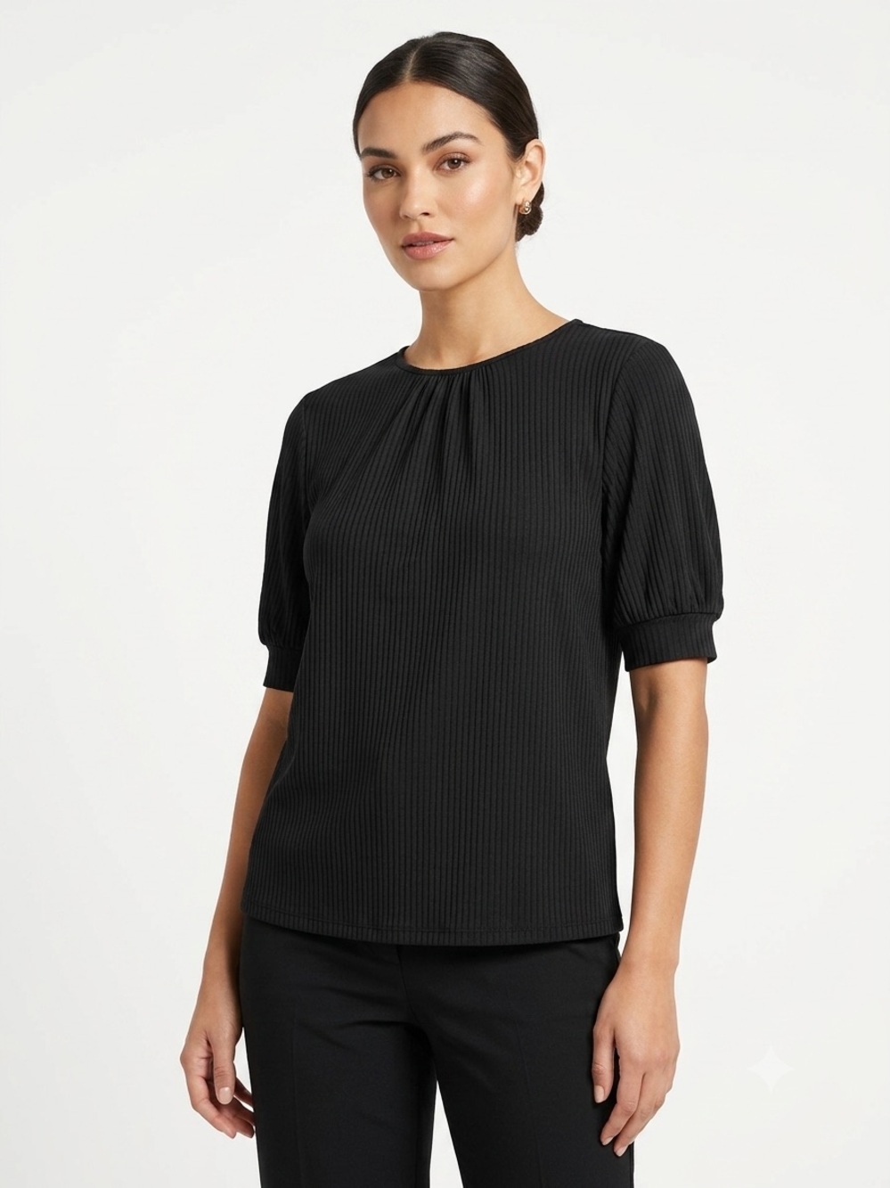 Stretchy Black Short-Sleeve Women's Top - Classic Crewneck
